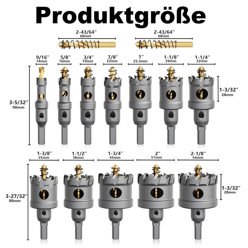 GSTK Upgrade Heavy Duty Carbide Hole Saw 14 Pcs,Metal Steel Hole Saw Drill Bit,TCT Hole Cutter,Alloy Hardness Upgrade, with 2*Extra Titanium Plated Pilot Center Drill and 2*L-Wrench - Image 2